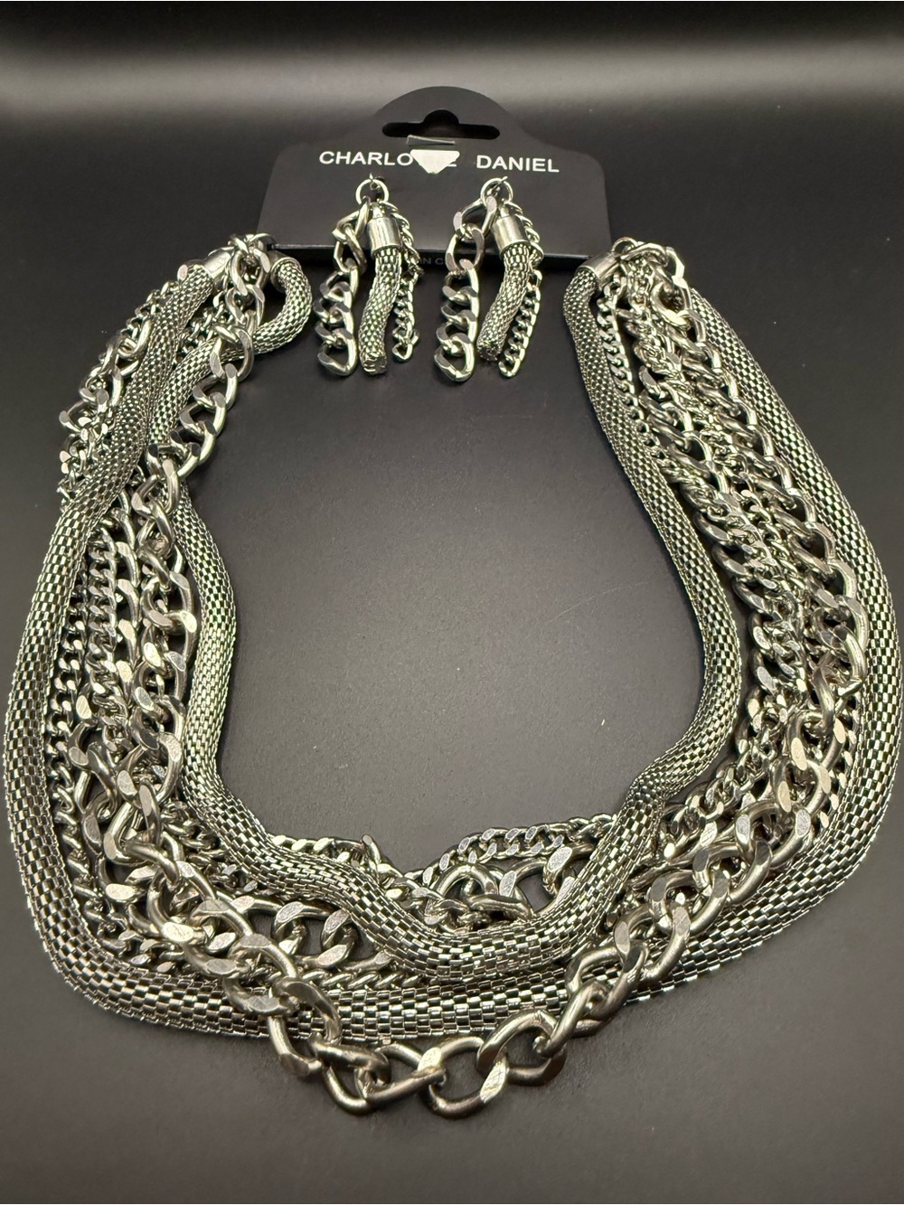 NWT Charlotte Daniel Silver Tone Multi-Chain Statement Necklace and Earring Set